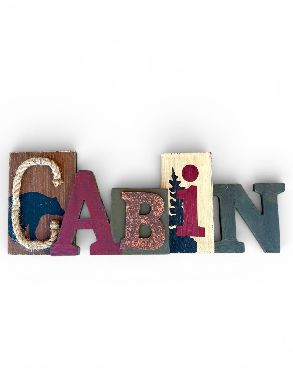 Vintage CABIN Wooden Block Word Sign - Rustic Multi-Color